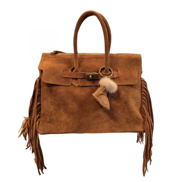 SUEDE BAG WITH TWO HANDLES AND FRINGES