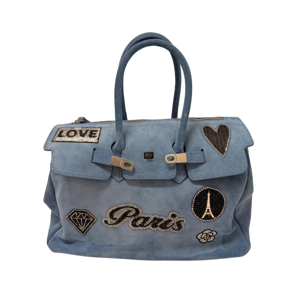 BORSA DUE MANICI CAMOSCIO CON PATCH ARGENTO