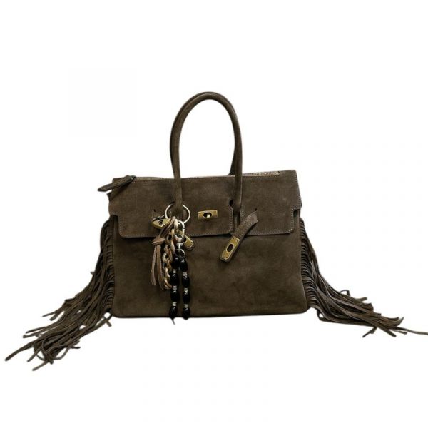 SUEDE BAG WITH TWO HANDLES AND FRINGES