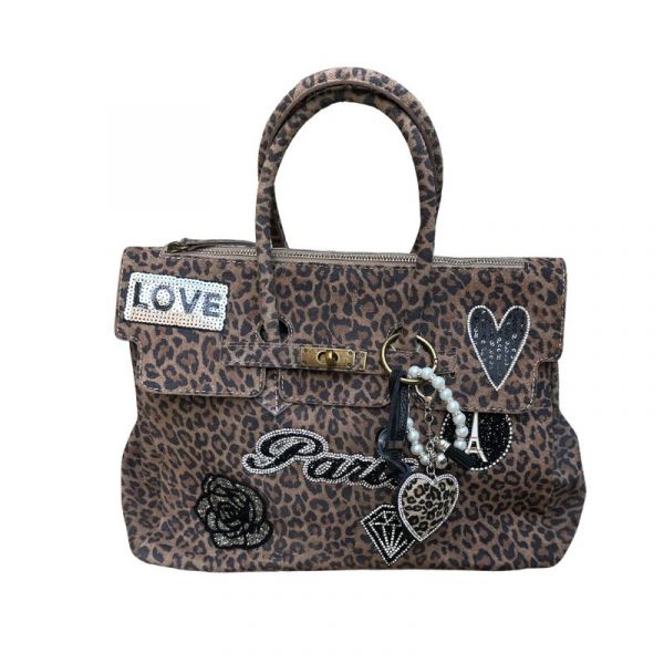 BORSA DUE MANICI CAMOSCIO CON PATCH ARGENTO