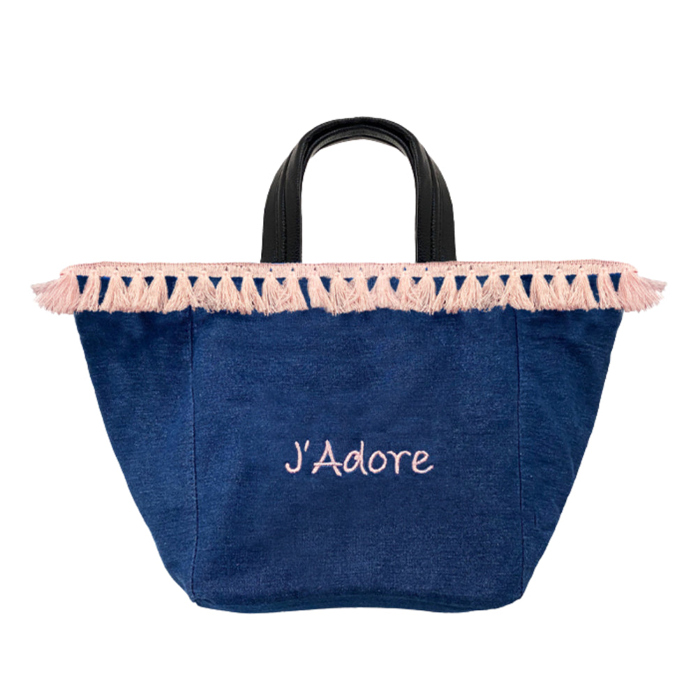DENIM SHOPPER WITH TASSELS AND EMBROIDERY