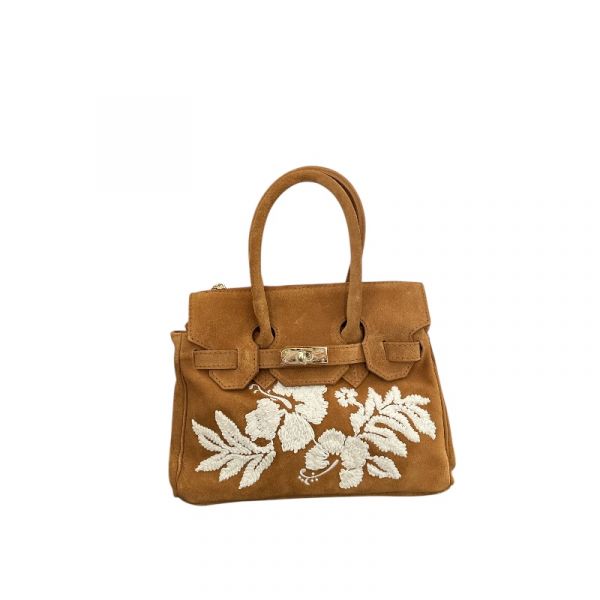 SUEDE MINI BAG WITH TWO HANDLES AND FLORAL EMBROIDERY