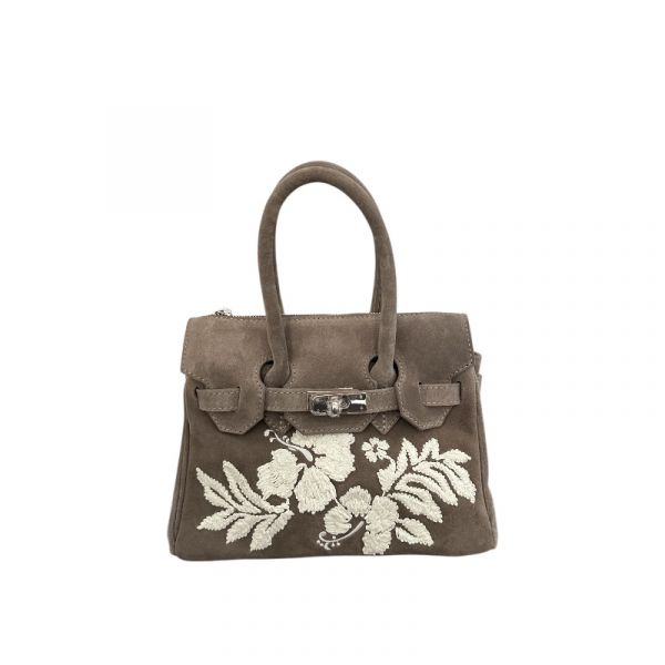 SUEDE MINI BAG WITH TWO HANDLES AND FLORAL EMBROIDERY