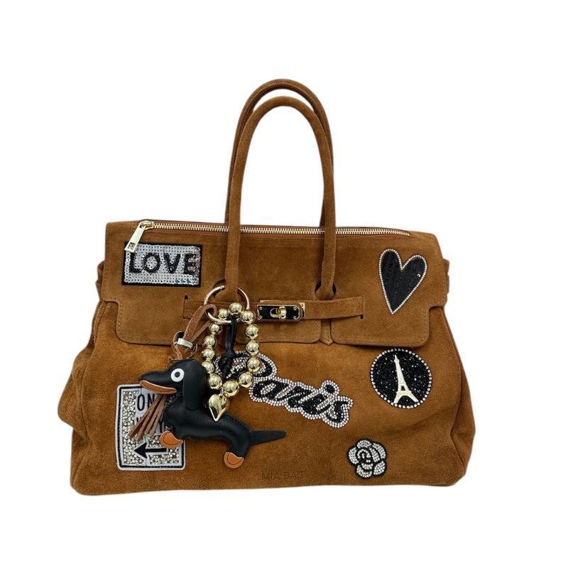 BORSA DUE MANICI CAMOSCIO CON PATCH ARGENTO