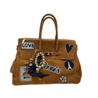 BORSA DUE MANICI CAMOSCIO CON PATCH ARGENTO