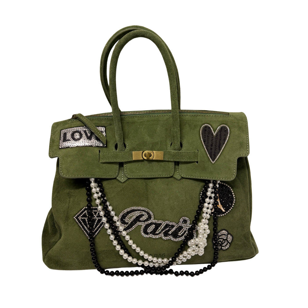 BORSA DUE MANICI CAMOSCIO CON PATCH ARGENTO