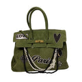BORSA DUE MANICI CAMOSCIO CON PATCH ARGENTO