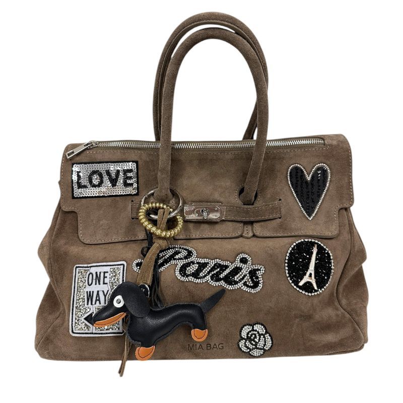 BORSA DUE MANICI CAMOSCIO CON PATCH ARGENTO