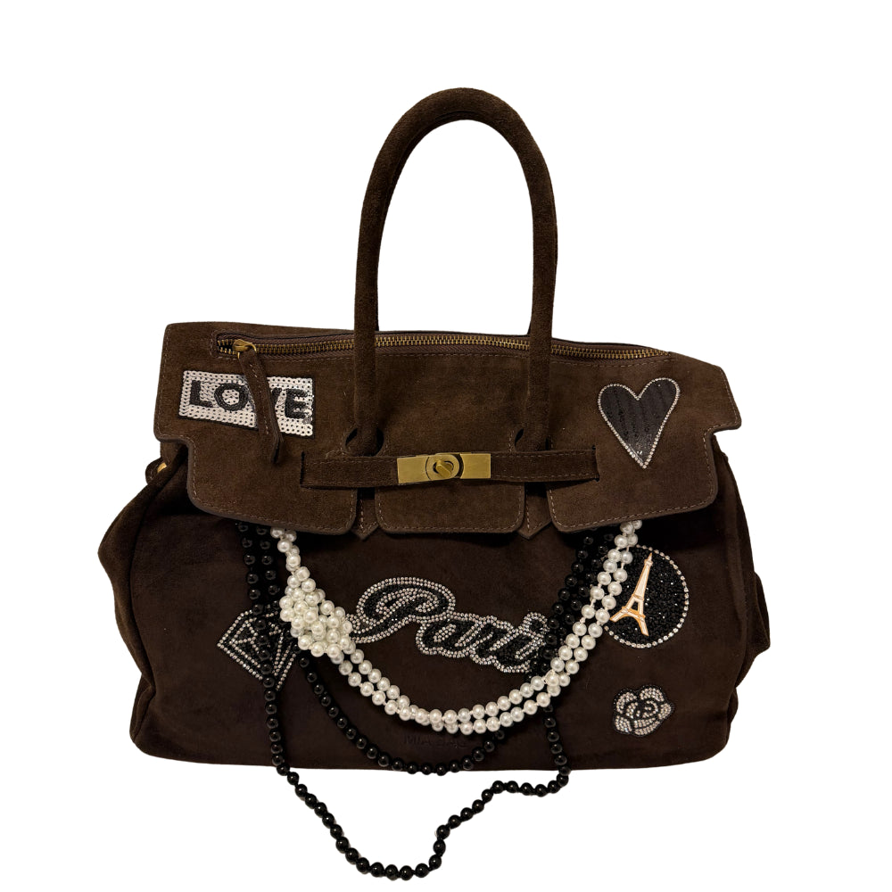 BORSA DUE MANICI CAMOSCIO CON PATCH ARGENTO
