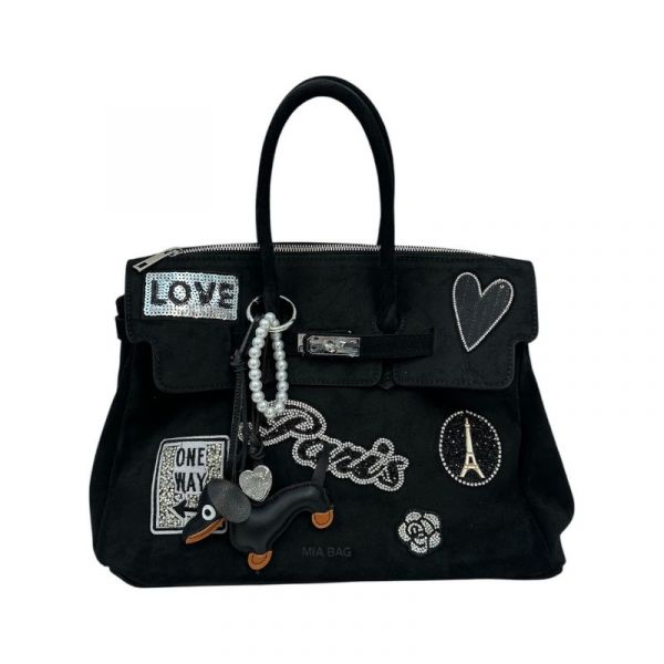BORSA DUE MANICI CAMOSCIO CON PATCH ARGENTO