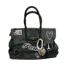 BORSA DUE MANICI CAMOSCIO CON PATCH ARGENTO