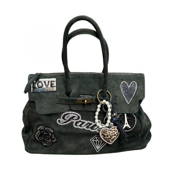 BORSA DUE MANICI CAMOSCIO CON PATCH ARGENTO