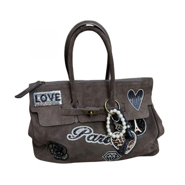 BORSA DUE MANICI CAMOSCIO CON PATCH ARGENTO