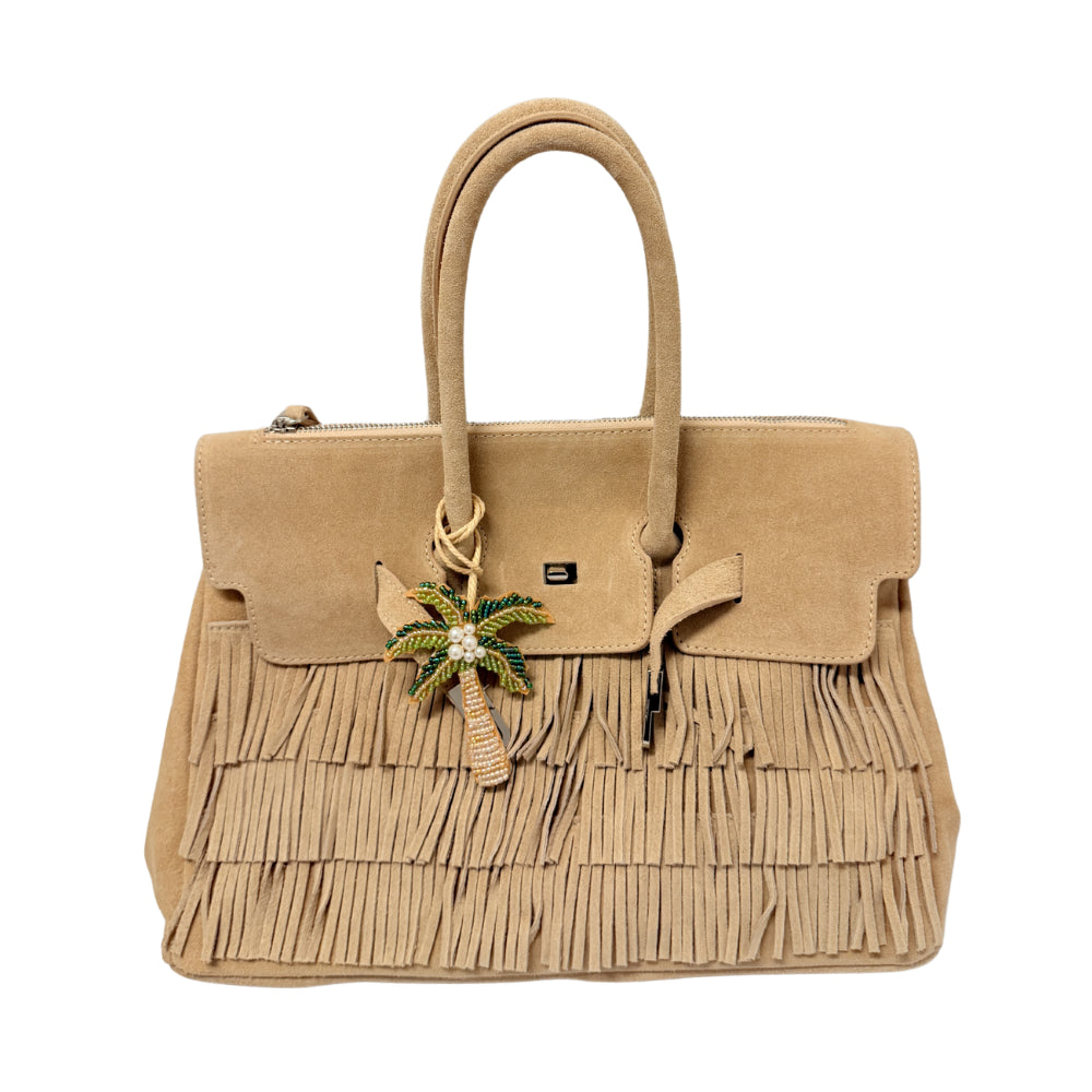 BAG WITH TWO HANDLES, FRINGES AND BEADS