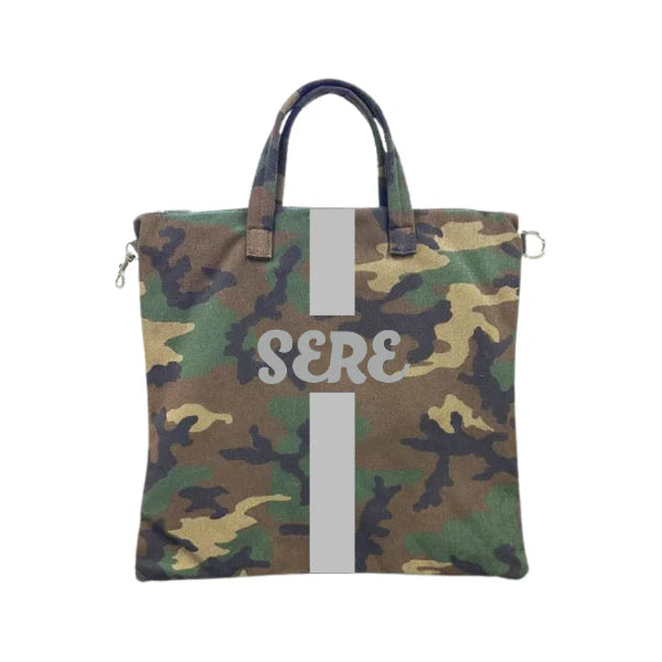 zaino bag canvas camouflage banda argento stampa font corsivo